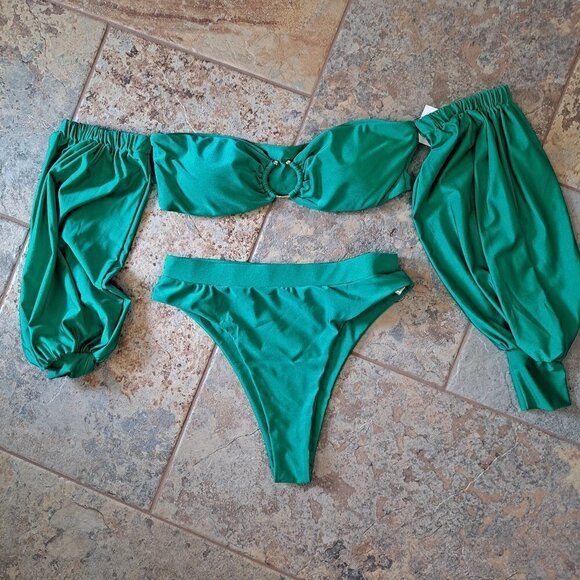 EcoSwim Size Large 2 Piece Green Bikini Set Hi Rise Bottom Sleeved Top w/Silver - Picture 2 of 15